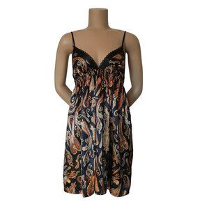 LA VIE EN ROSE Black and Gold Satin Paisley Babydoll Slip Mini Dress - Size S